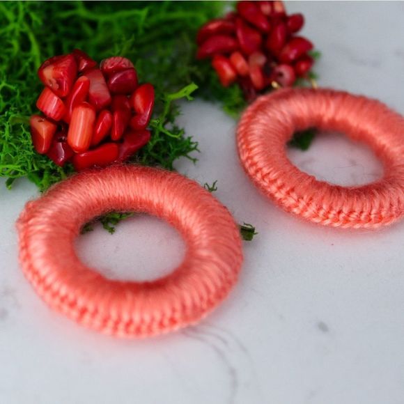 Handmade earrings long semiprecious stones and knitted hoop - Picture 4 of 4